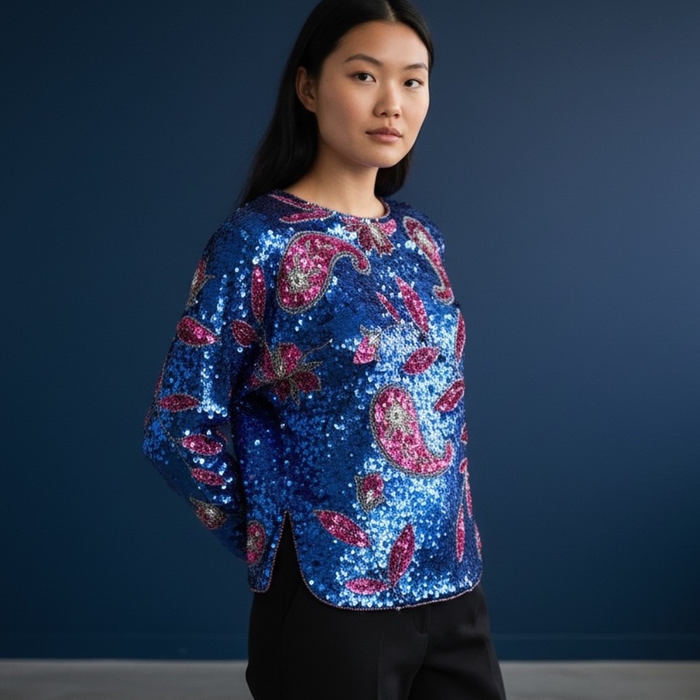Vtg. Blue and Pink Sequin Blouse - Picture 2 of 12
